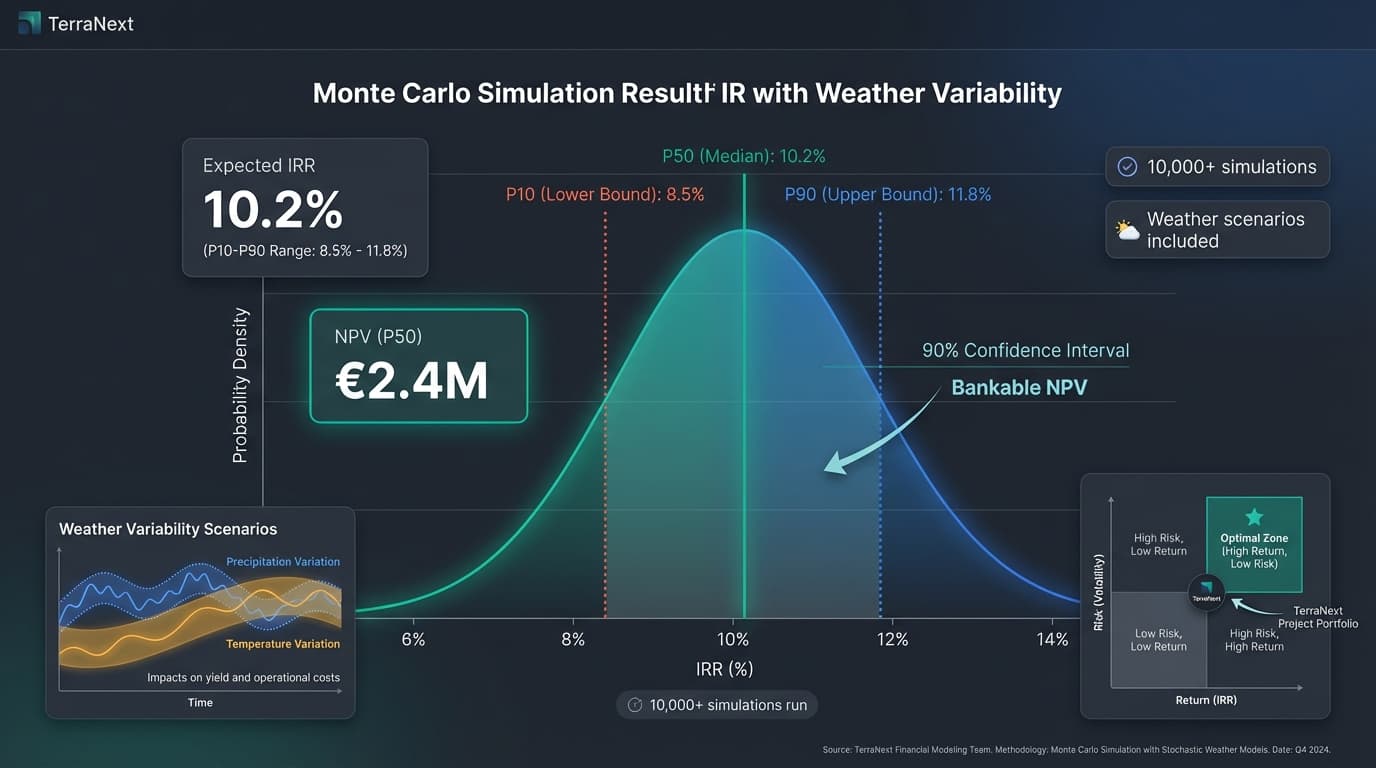 Monte Carlo simulation showing IRR probability distribution with P10, P50, and P90 confidence intervals for project bankability