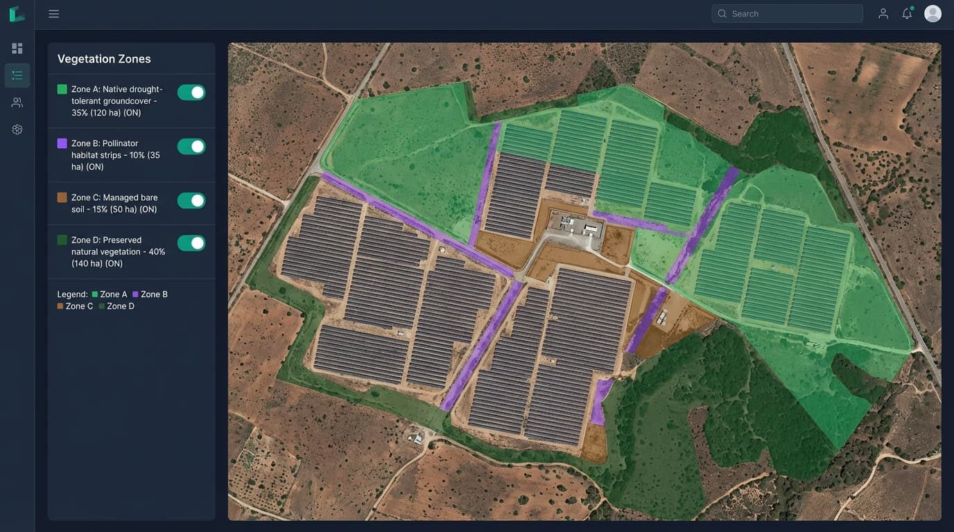 TerraNext Vegetation Strategy Dashboard showing zone-based fire risk management with firebreak corridors and managed vegetation areas
